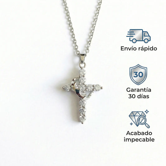 Collar Cruz Corona Plateado + CAJRE